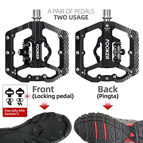 FOOKER MTB Mountain Bike Pedals 3 Bearing Flat Platform Compatible with SPD Dual Function Sealed Clipless Aluminum 9/16" Pedals with Cleats for Road