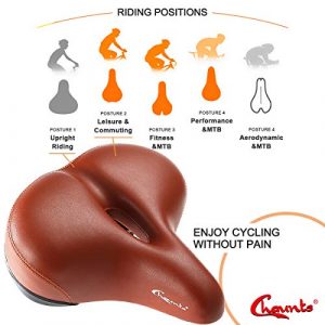 Chaunts Bike Seat - Most Comfortable Wide Bike Saddle for Women Men, Soft Memory Foam Oversized Bicycle Seats, Dual Shock Absorbing, Universal Fit for Indoor/Outdoor Bikes (Brown)