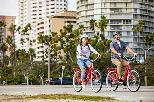 Schwinn Sanctuary 7 Comfort Cruiser Bike, Featuring Retro-Styled 18-Inch/Medium Steel Step-Over Frame and 7-Speed Drivetrain with Front and Rear Fenders, Rear Rack, and 26-Inch Wheels, Red