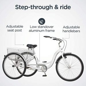 Schwinn Meridian Adult Tricycle Bike, Three Wheel Cruiser, 26-Inch Wheels, Low Step-Through Aluminum Frame, Adjustable Handlebars, Large Cruiser Seat, Rear Folding Basket, 1-Speed, White