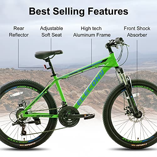Elecony Thunder 24 Inch Al Mountain Bike, Boys Girls Aluminum Frame Mountain Bicycle with Daul Disc Brakes, Shimano 21 Speed and Front Suspension