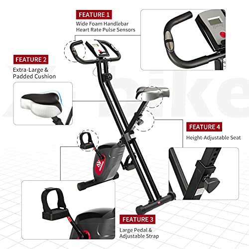 ADVENOR Exercise Bike Magnetic Bike Folding Fitness Bike Cycle Workout Home Gym With LCD Monitor Durable Upright Extra-Large Seat Cushion (black&red)