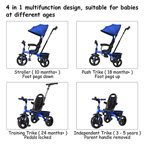 INFANS Kids Tricycle, 4 in 1 Stroll Trike with Adjustable Push Handle, Removable Canopy, Retractable Foot Plate, Lockable Pedal, Detachable Guardrail, Suitable for 10 Months to 5 Years (Blue)