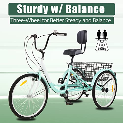 Adult Tricycle Bikes 26" with Basket, 3 Wheel Bikes 7 Speed Cruiser Trike for Women Men Seniors, Multiple Colors (Cyan)