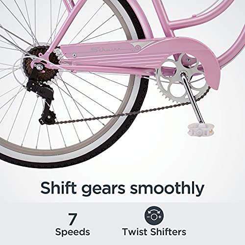 Schwinn Perla Women's Cruiser Bicycle, Featuring 18-Inch Step-Through Steel Frame and 7-Speed Drivetrain with Front and Rear Fenders, Rear Rack, and 26-Inch Wheels, Pink