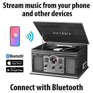 Victrola Nostalgic 6-in-1 Bluetooth Record Player & Multimedia Center with Built-in Speakers - 3-Speed Turntable, CD & Cassette Player, AM/FM Radio | Wireless Music Streaming | Grey