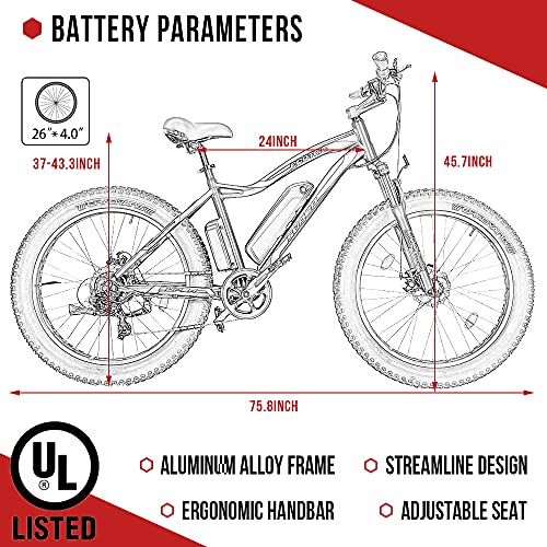 ECOTRIC 500W Electric Bike Adults 26" Ebike Fat Tire Bicycle 36V Powerful 12.5AH Removable Lithium Battery Fork Suspension Snow Beach Mountain E-Bike Shimano 7-Speed UL Certified (Black)