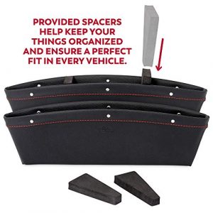Lusso Gear 2 in 1 Car Seat Gap Organizer, Universal Fit, Adjustable Storage Pockets, 2 Set Front Car Seat Crevice Storage Box, Helps Reduce Distracted Driving & Holds Phones, Glasses, Keys, and More (Black with Red Stitch)