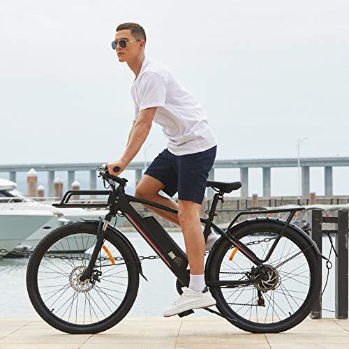 Adults Electric Commuter Hybrid Bike 26" Big Electric Mountain Bike Cargo Bicycle Ebike 350W with Heavy Duty Front & Rear Cargo Racks, Removable 10.4Ah Battery, 7-Speed Gears, Fender
