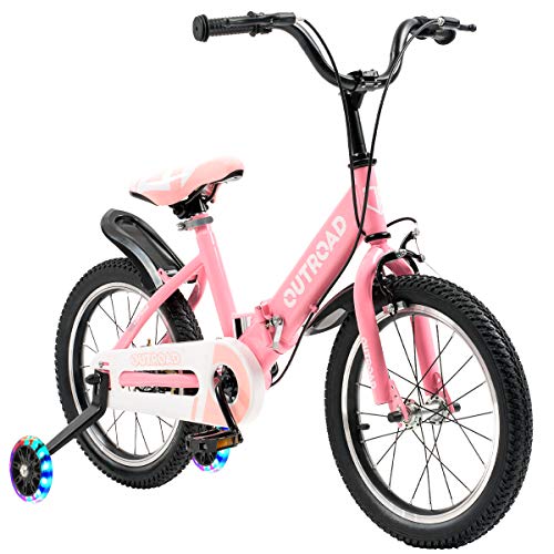 Max4out Kids Bike Boys Girls Freestyle Bicycle, 12/14/16 inch Wheels for Children Foldable Bicycle with Flash Training Wheels and Adjustable Seat, Pink/Blue, 16inch-pink