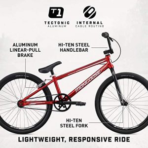 Mongoose Title 24 BMX Race Bike with 24-Inch Wheels in Red for Beginner or Returning Riders, Featuring Lightweight Tectonic T1 Aluminum Frame and Internal Cable Routing