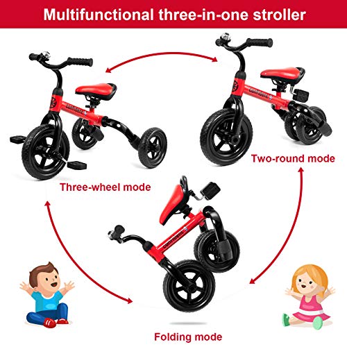 3 in 1 Toddler Tricycles for 2 - 4 Years Old Boys and Girls with Detachable Pedal and Bell | Foldable Baby Balance Bike Riding Toys for 24 Month Up Kids | Infant First Birthday New Year Red