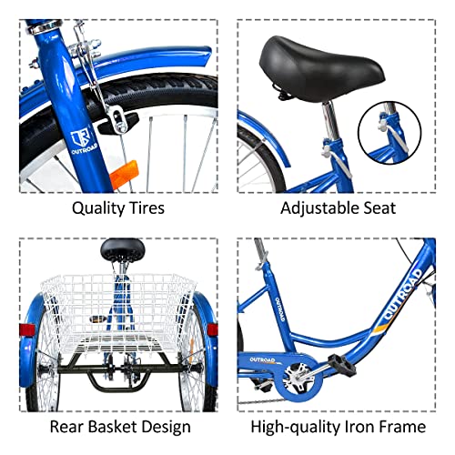 Outroad Adult Tricycle, 26 inch 7 Speed Cruiser Trike, 3 Wheel Bikes with Large Basket for Seniors, Women, Men, Adult Trikes for Shopping Picnic Outdoor Sports, Blue