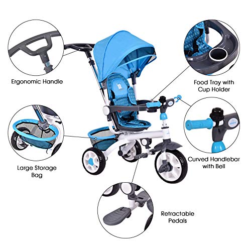 Costzon Tricycle for Toddlers, 4 in 1 Trike w/Parent Handle, Adjustable Canopy, Storage, Safety Harness & Wheel Brakes, Baby Push Tricycle Stroller for Kids Boys Girls Aged 10 Month-5 Years Old, Blue
