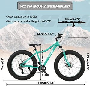 hosote Fat Tire Mountain Bikes for Mens, 26 inch 7 Speed Wheels Double Disc Brake Snow Bike Beach Bike, High-Tensile Carbon Steel Frame