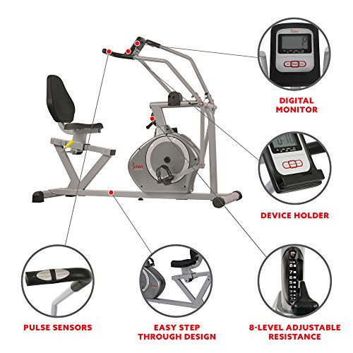 Sunny Health & Fitness Magnetic Recumbent Exercise Bike, 350lb High Weight Capacity, Cross Training, Arm Exercisers, Monitor, Pulse Rate Monitoring | SF-RB4708