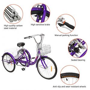 PEXMOR Adult Tricycle, 7 Speed Trike Cruiser Bike, 24/26 Inch Three-Wheeled Bicycle with Foldable Front & Rear Basket Adjustable Height Seat for Recreation, Shopping Men's Women's Bike (Purple, 24