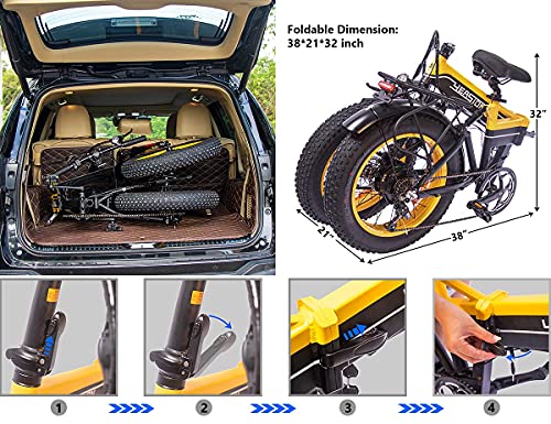 YEASION 1000W Fat Tire Electric Bike for Adults 48V/14Ah Removable Battery 20“ 4.0 Folding Electric Bike Snow Beach Mountain Ebike for Women and Men Black Yellow