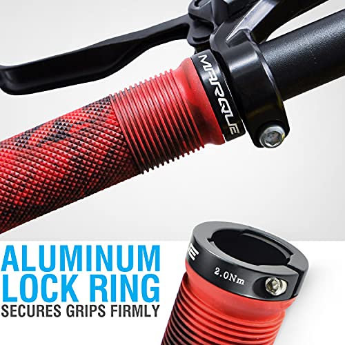MARQUE Race Mountain Bike Handlebar Grips – Single Lock-On Ring Collar MTB and BMX Bicycle Handle Bar with Non-Slip Grip, Knurly Gritty Pattern and Half Waffle Pattern (Flame Red)