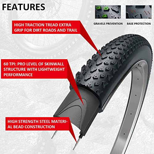 AVASTA 26 x 2.10 Foldable 60 TPI MTB Mountain Bike Tires for 26 inch Cycle Road Hybrid Touring Electric Bicycle, Replacement Tire