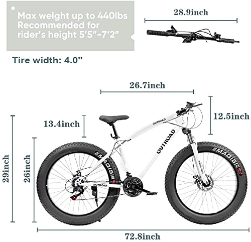 Outroad Fat Tire Bike for Men/Women, 26 Inch Wheels Mountain Bike, 21 Speeds All-Terrain Bike, Double Disc Brake Suspension Fork 4 inch Width Tire Anti-Slip Snow Bicycle, White