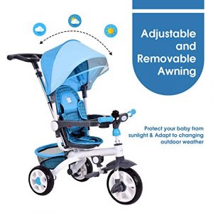 Costzon Tricycle for Toddlers, 4 in 1 Trike w/Parent Handle, Adjustable Canopy, Storage, Safety Harness & Wheel Brakes, Baby Push Tricycle Stroller for Kids Boys Girls Aged 10 Month-5 Years Old, Blue