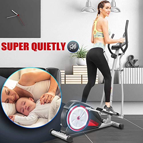 ANCHEER Magnetic Elliptical Machine, Fitness Compact Ellptical Machine with Digital Monior, 8 Level Resistance, LCD Heart Rate Sensor for Home Use Cardio Training (Black)