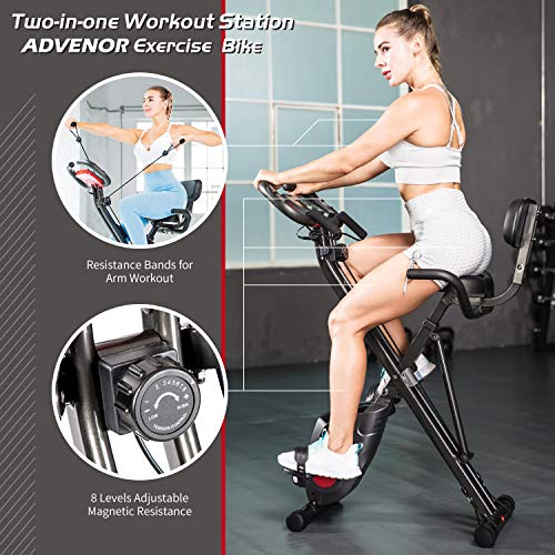 ADVENOR Exercise Bike Magnetic Bike Fitness Bike Cycle Folding Stationary Bike Arm Resistance Band With Arm Workout Backrest Extra-Large Seat Cushion Indoor Home Use (black&red)