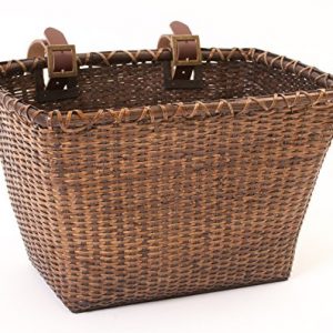 Retrospec Bicycles Cane Woven Rectangular Toto Basket with Authentic Leather Straps and Brass Buckles, Dark Stain