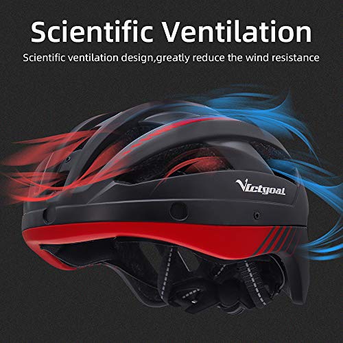 VICTGOAL Bike Helmet with USB Rechargeable Rear Light Detachable Magnetic Goggles Removable Sun Visor Mountain & Road Bicycle Helmets for Men Women Adult Cycling Helmets (Black Red)