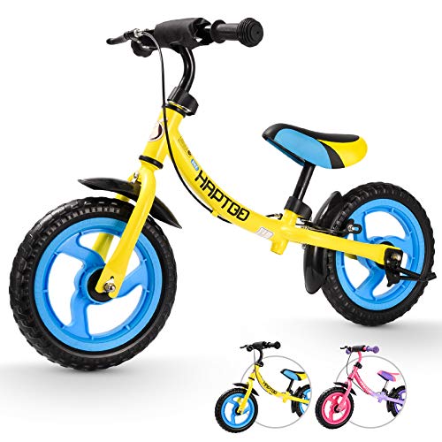 HAPTOO Balance Bike 12'' for 3-7 Years Old, Toddler Balance Bike with Handbrake, Kickstand, Adjustable Seat Height and Handel, Birthday Gift for Boys and Girls