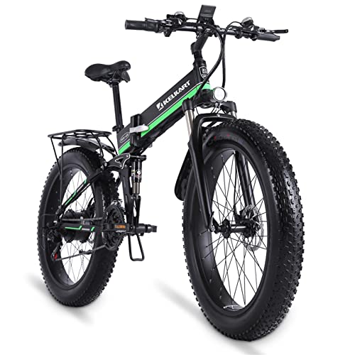 KELKART Electric Mountain Bike 26-Inch Folding Fat Tire Electric Bike with 1000W Brushless Motor, with 48V 12.8AH Removable Lithium-ion Battery and Rear Seat (Green)