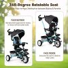 BABY JOY Baby Tricycle, 7-in-1 Kids Folding Steer Stroller w/ Rotatable Seat, Adjustable Push Handle & Canopy, Safety Harness, Cup Holder, Storage Bag, Toddler Trike for 1-5 Year Old, Black+Blue
