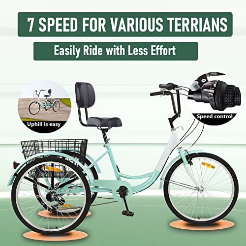 Adult Tricycle Bikes 26" with Basket, 3 Wheel Bikes 7 Speed Cruiser Trike for Women Men Seniors, Multiple Colors (Cyan)
