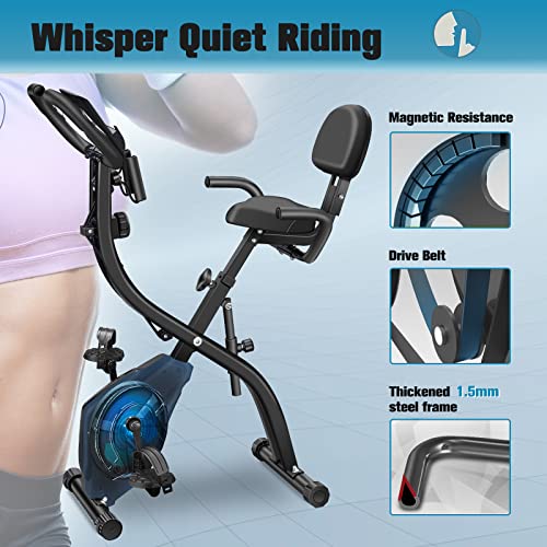 Folding Exercise Bikes DISPANK 3-in-1 X-Bike Slim Cycle Indoor Recumbent Exercise Bikes, Sturdy Foldable Stationary Bike with Arm Resistance Band and Backrest, 10-Level Resistance for Men, Women and Seniors