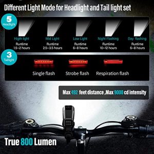 TOWILD Bike Lights for Night Riding,True 800 Lumens,Type C Charging, IPX6 Waterproof, Aluminum Alloy Headlight & Tail Light Set ,Bicycle Lights with 5 Light Mode Options and Anti-Glare Design