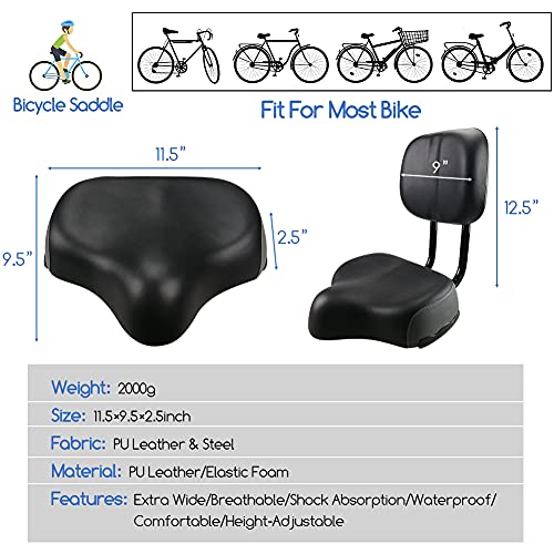 Sencen Oversized Comfort Bike Seat Comfortable Replacement Bicycle Saddle, Wide Memory Foam Padded Bike Cushion Saddle Universal Fit for Women Men (Black)