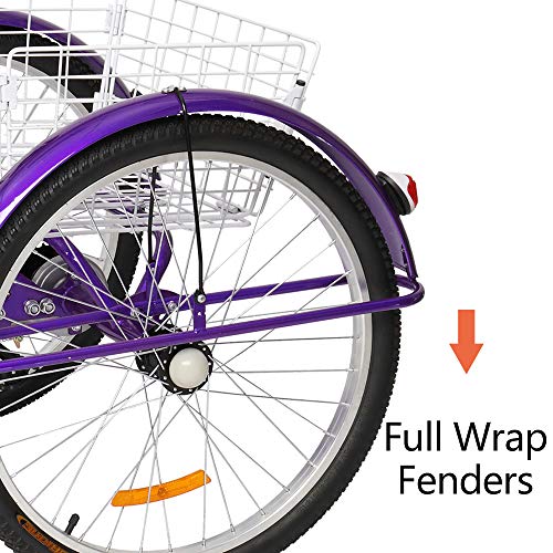PEXMOR Adult Tricycle, 7 Speed Trike Cruiser Bike, 24/26 Inch Three-Wheeled Bicycle with Foldable Front & Rear Basket Adjustable Height Seat for Recreation, Shopping Men's Women's Bike (Purple, 24")