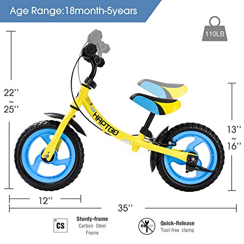 HAPTOO Balance Bike 12'' for 3-7 Years Old, Toddler Balance Bike with Handbrake, Kickstand, Adjustable Seat Height and Handel, Birthday Gift for Boys and Girls