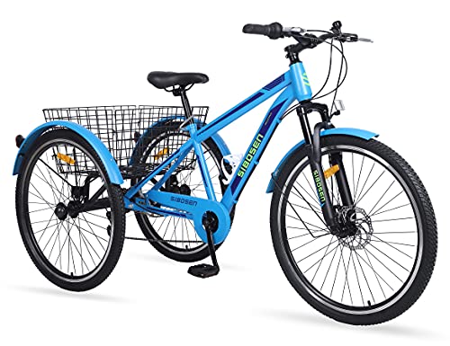 SZN Adult Mountain Tricycle, Adult Trike Three Wheel Cruiser Bike Men Women Exercise Tricycles, 7-Speed, 24 or 26-Inch Wheel Options, Cargo Basket
