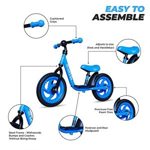 Lets Go 12 Inch Balance Bike with Foot Rest for 2-5 Years Old - Steel Balance to Pedal Bike with Platform and Mud Guard - Adjustable Seat and Handlebars - Puncture-Free Tire (Blue)