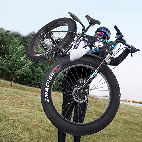 Cool Fat Tire Mountain Mens Bike 21 Speed 26 inch Wheels Double Disc Brake Suspension Fork MTB, Medium High-Tensile Aluminum Frame Outroad Mountain Bike (Blue)