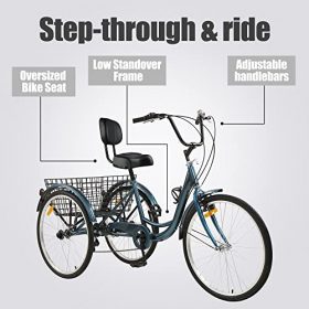 Sibosen Upgraded Adult Tricycle, Three Wheel Cruiser Bike 20-Inch 24-Inch and 26-Inch 3 Wheel Bike Trike, 7 Speeds, Wide Backrest Seat, Large Cargo Basket (Malachite Blue, 26