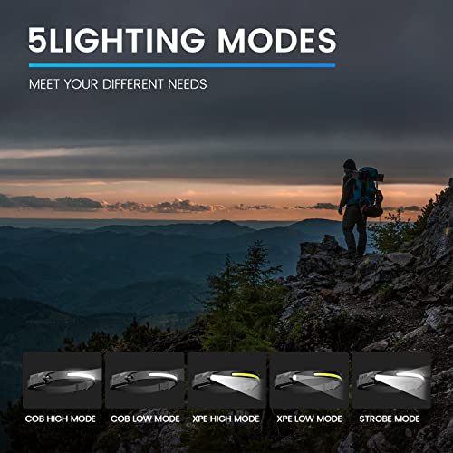 LED Headlamp Rechargeable, 230° Wide Beam Led Headband with All Perspectives Induction, 5 Modes Motion Sensor Headlamp Flashlight, Outdoor Waterproof Headlamp for Running Cycling Hiking Fishing