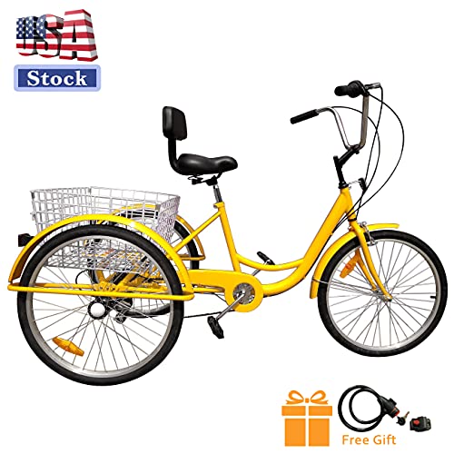 Areyourshop Unisex Adult 24" 3-Wheel 7-Speed Tricycle Bicycle Bike Cruise Basket Yellw