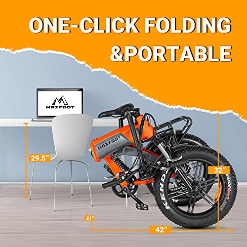 MaxFoot 20" Folding Electric Bicycle MF-19, 750W Removable Battery, Dual Suspension Ebike Adult Teens Electric Bike, Snow Mountain City Commuter (Orange)