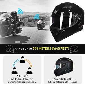 ILM Bluetooth Motorcycle Helmet Modular Flip up Full Face Dual Visor Mp3 Intercom FM Radio DOT Approved Model-902BT (Gloss Black, L)
