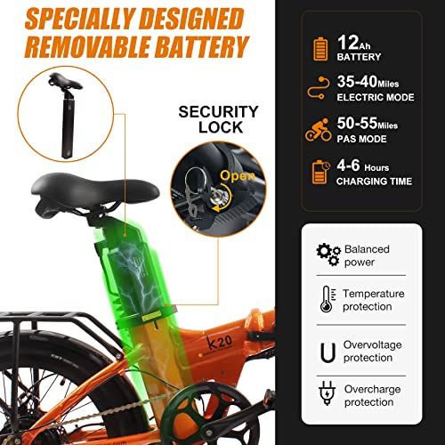 kkbike Folding Electric Bike 20 inch E-Bike 400W Adults Electric Bicycle with Shimano 7 Speed Removable 48V 12Ah Battery Commuter City Bike for Women Men