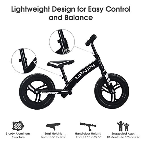 BABY JOY 12" Kids Balance Bike, Classic Aluminum Lightweight No Pedal Sport Training Walking Bicycle for Toddlers and Kids Ages 18 Months to 5 Years Old with Adjustable Handlebar and Seat (Black)