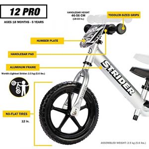 Strider - 12 Pro Balance Bike, Ages 18 Months to 5 Years, Silver
